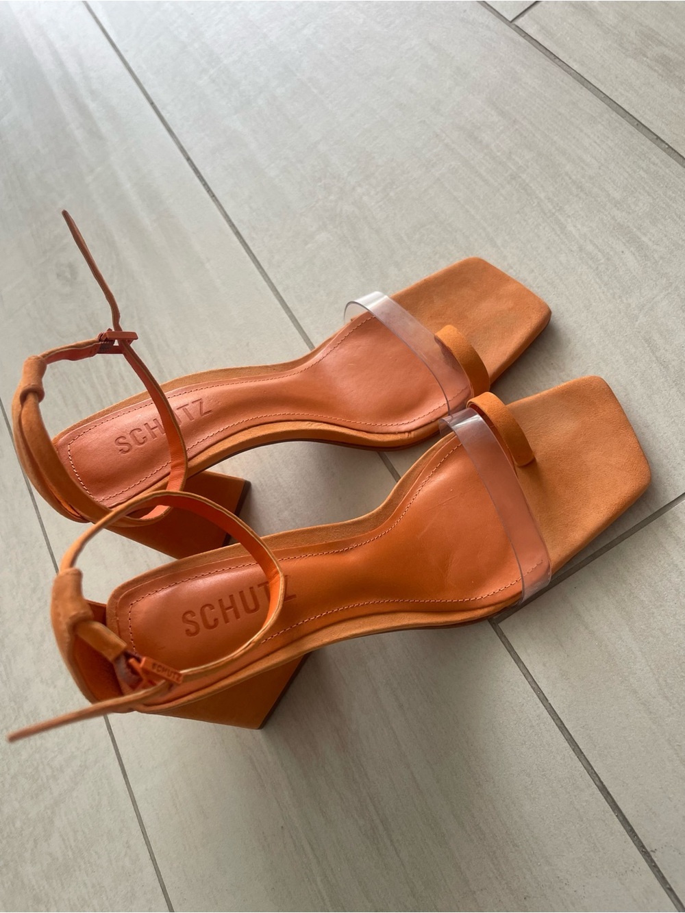 SCHUTZ Orange Suede Ankle-Strap Block Heel Sandal